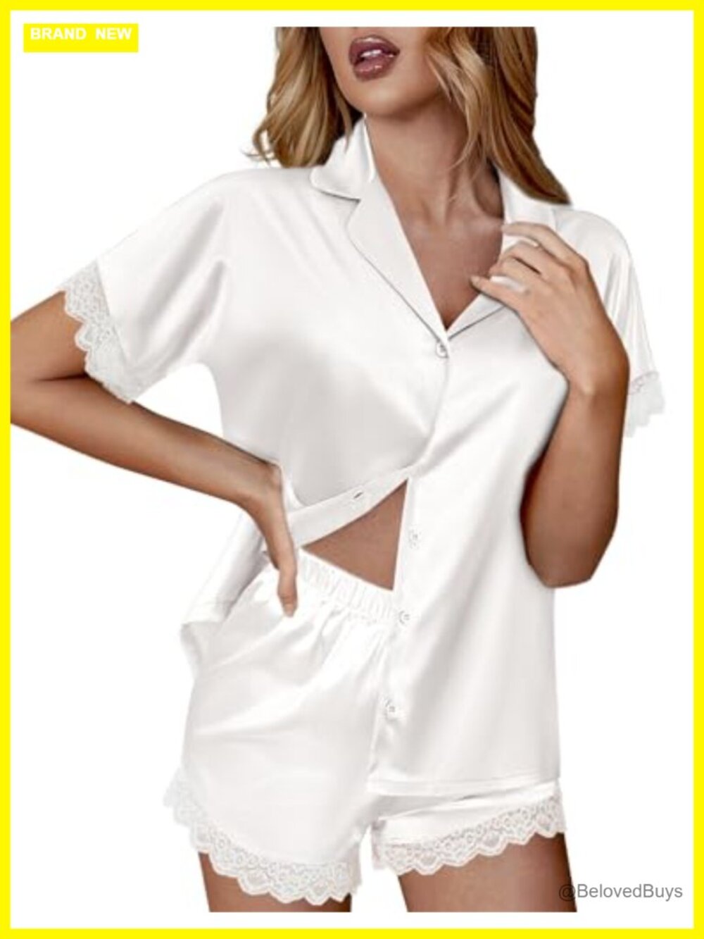 Lace Satin Pajama Set Button Down Silk Pjs Shorts Set